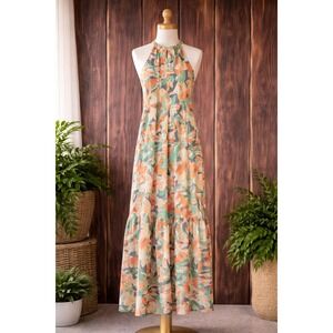 Nine West Maxi Dress Womens L Orange Teal Floral Halter Tiered Summer Flow